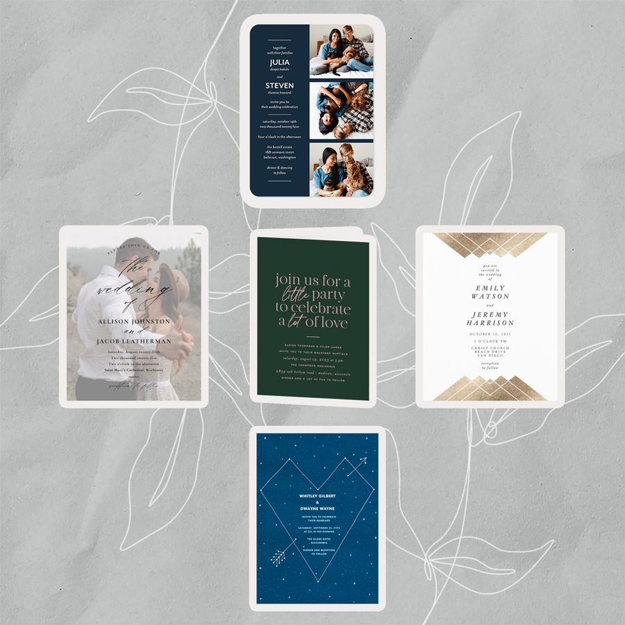 Collage of affordable wedding invitations we recommend on a gray background