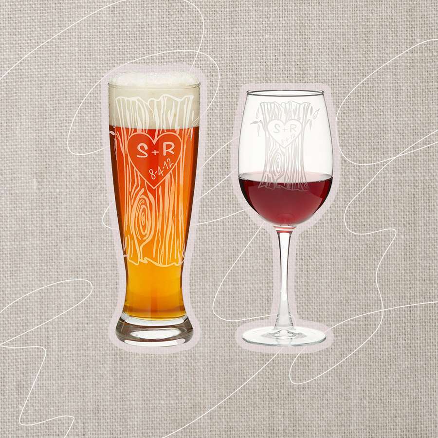 Collage of Uncommon Goods Personalized Tree Trunk Glassware Duo on a gray background
