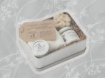 Collage of the Uncommon Goods Farm Fresh Spa Experience Tin on a gray background