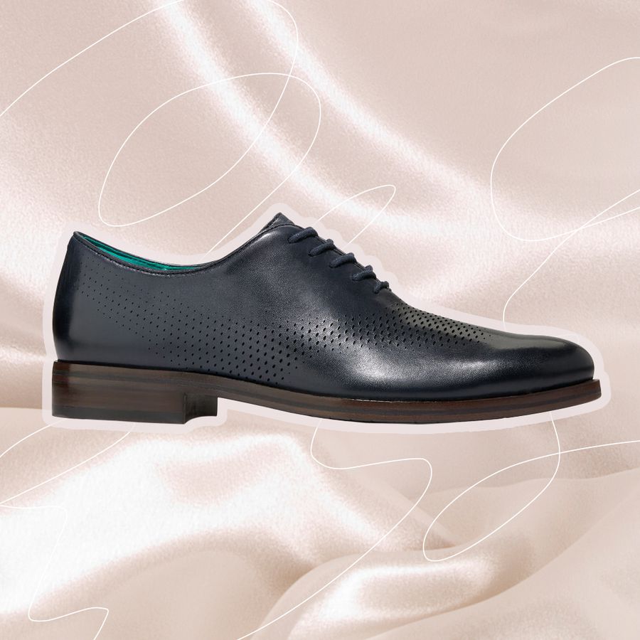 Men's dark leather dress shoe displayed against a realistic cloth background with an overlaid swirl pattern