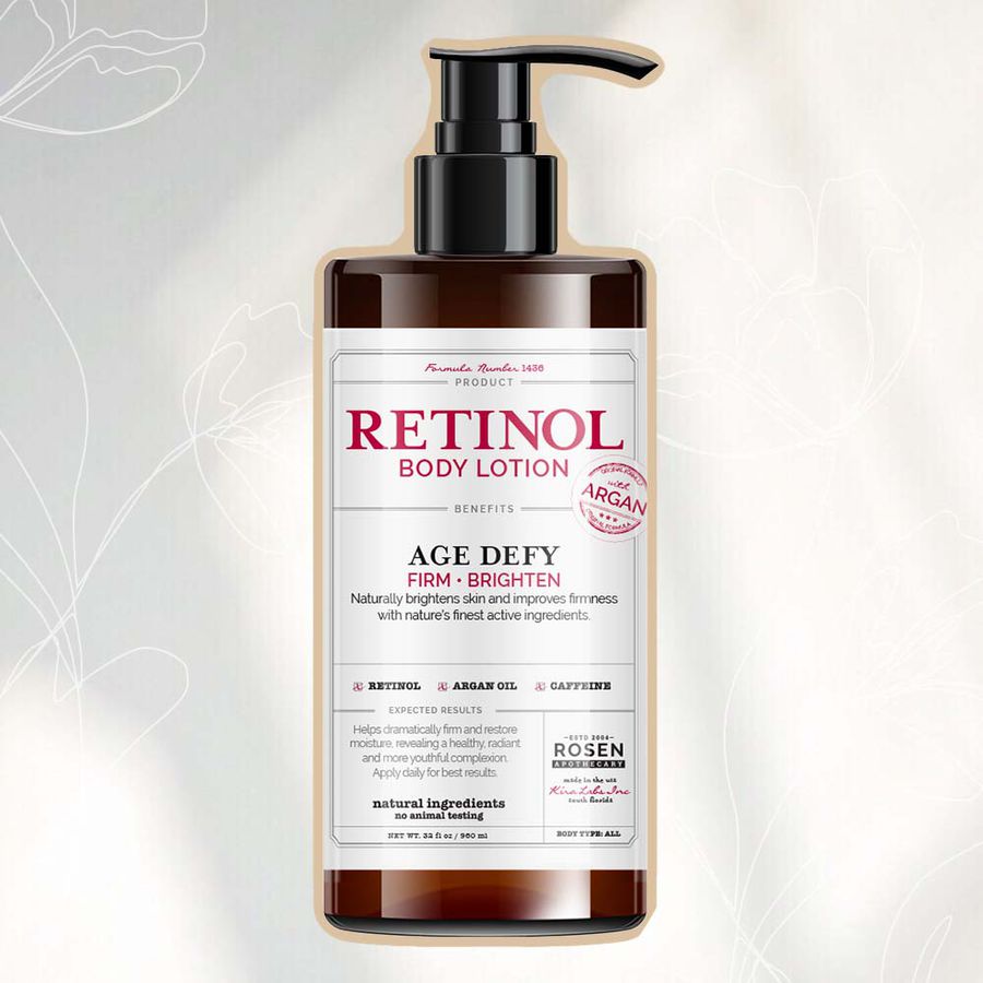 Collage of a bottle of Rosen Apothecary Anti-Aging Retinol Body Lotion on a gray background